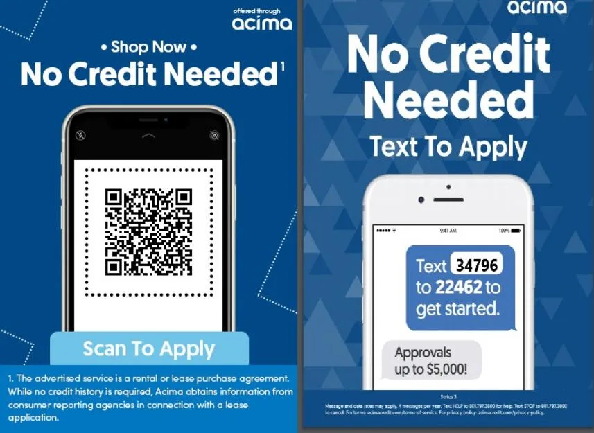 Acima No Credit Needed financing offer with scan to apply and text to apply options.